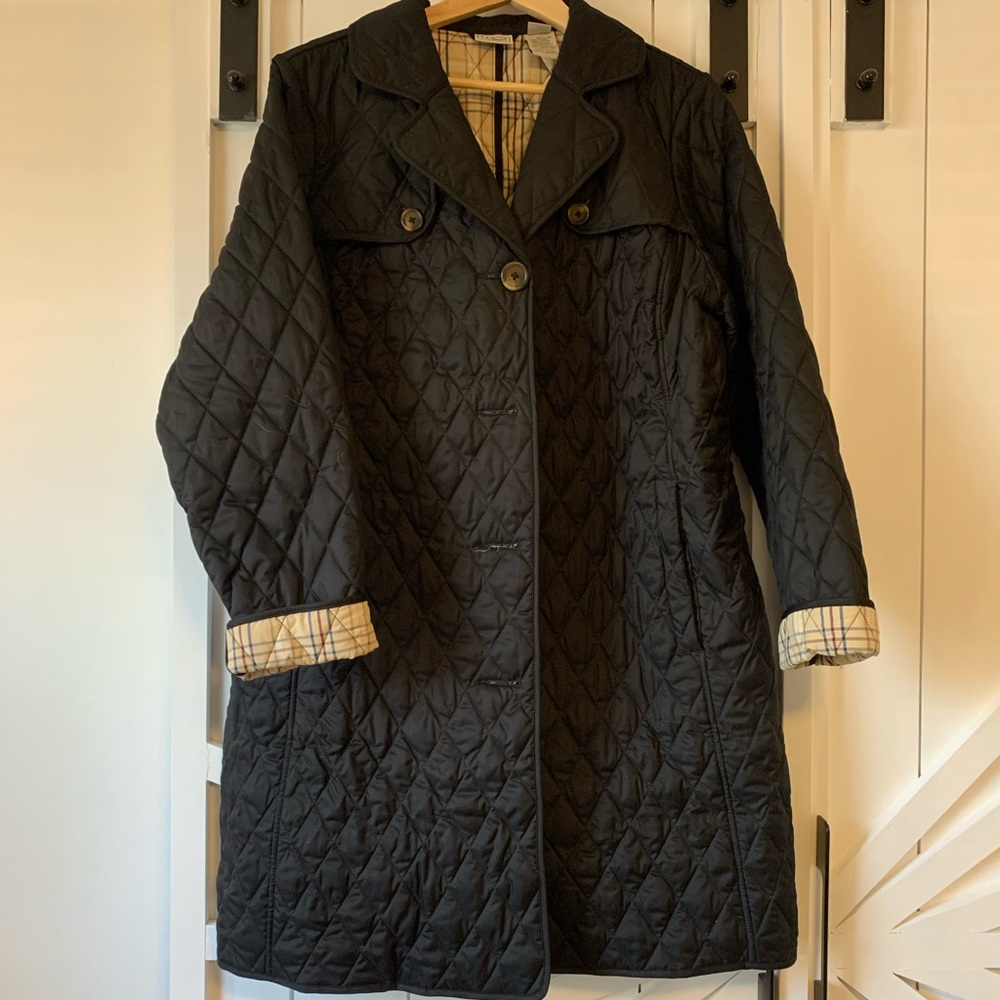 LL Bean long quilted barn coat. Lightweight but warm.